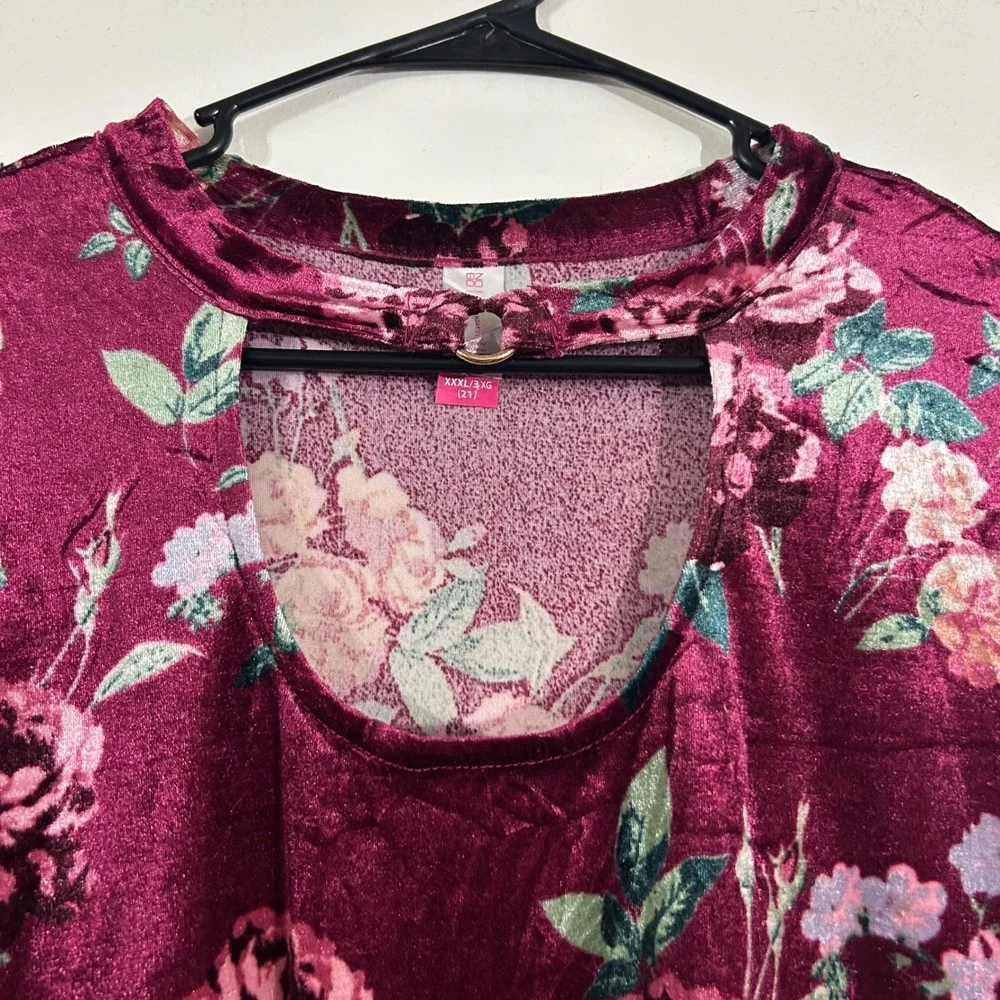 No Boundaries Burgundy Floral Velvet Long Sleeve Top XXXL/3XG Cut Out - Picture 12 of 13